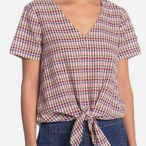 Madewell Checkered Tie Front Blouse, Size S